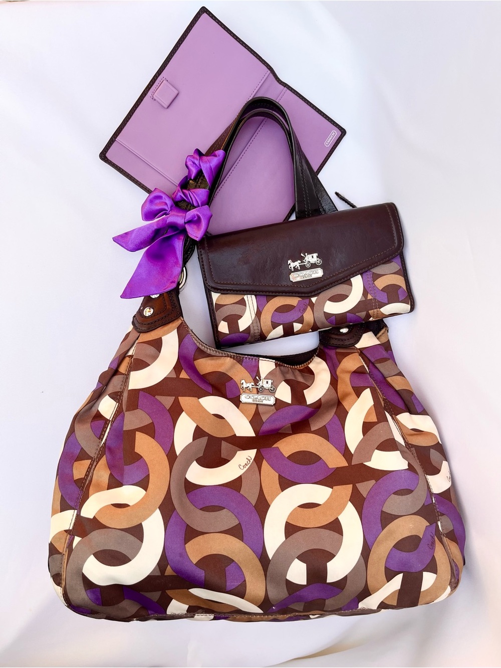 Coach MadisonBrown & Purple Signature Printed Shoulder Hobo with Matching Wallet